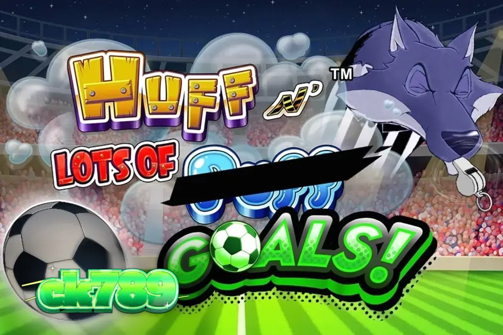 Tampilan visual slot Huff N’ Lots of Goals dengan tema sepak bola dan babi kecil.